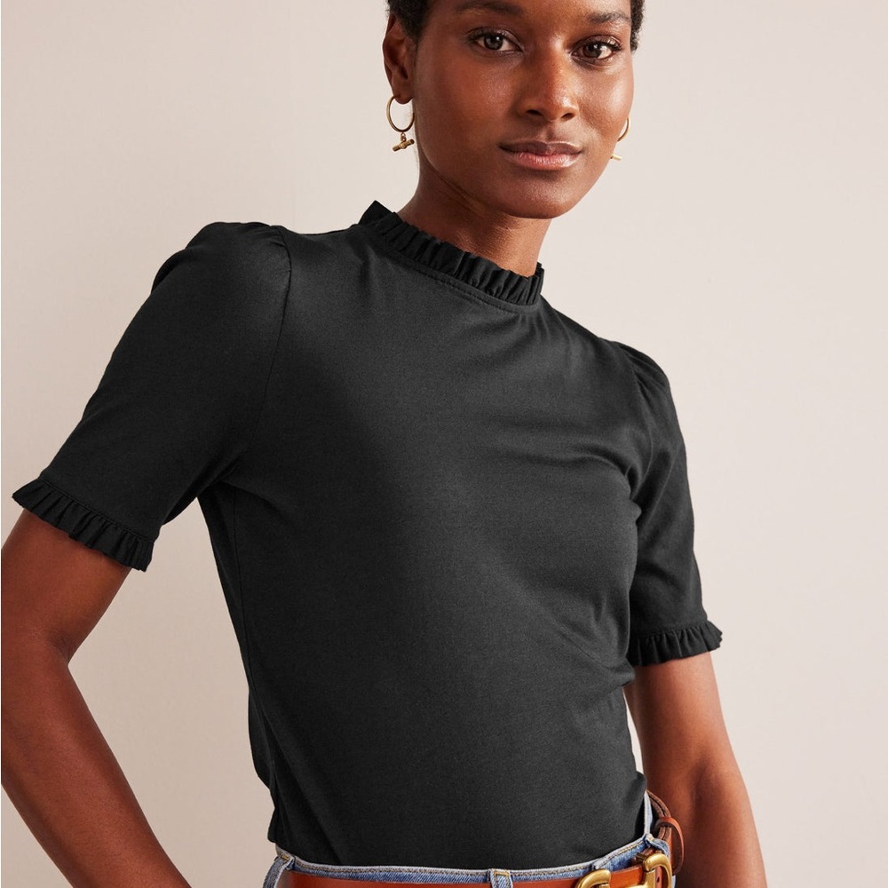 Boden Black Ruffle Trim Short Sleeve Top